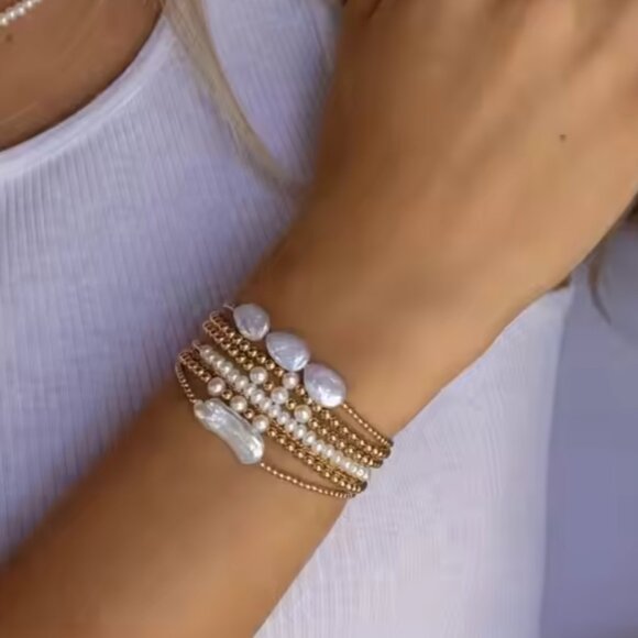 Baroque Pearl Stacking Bracelet Gold Beaded Stretch Bracelet WATERPROOF Jewelry - Picture 1 of 8